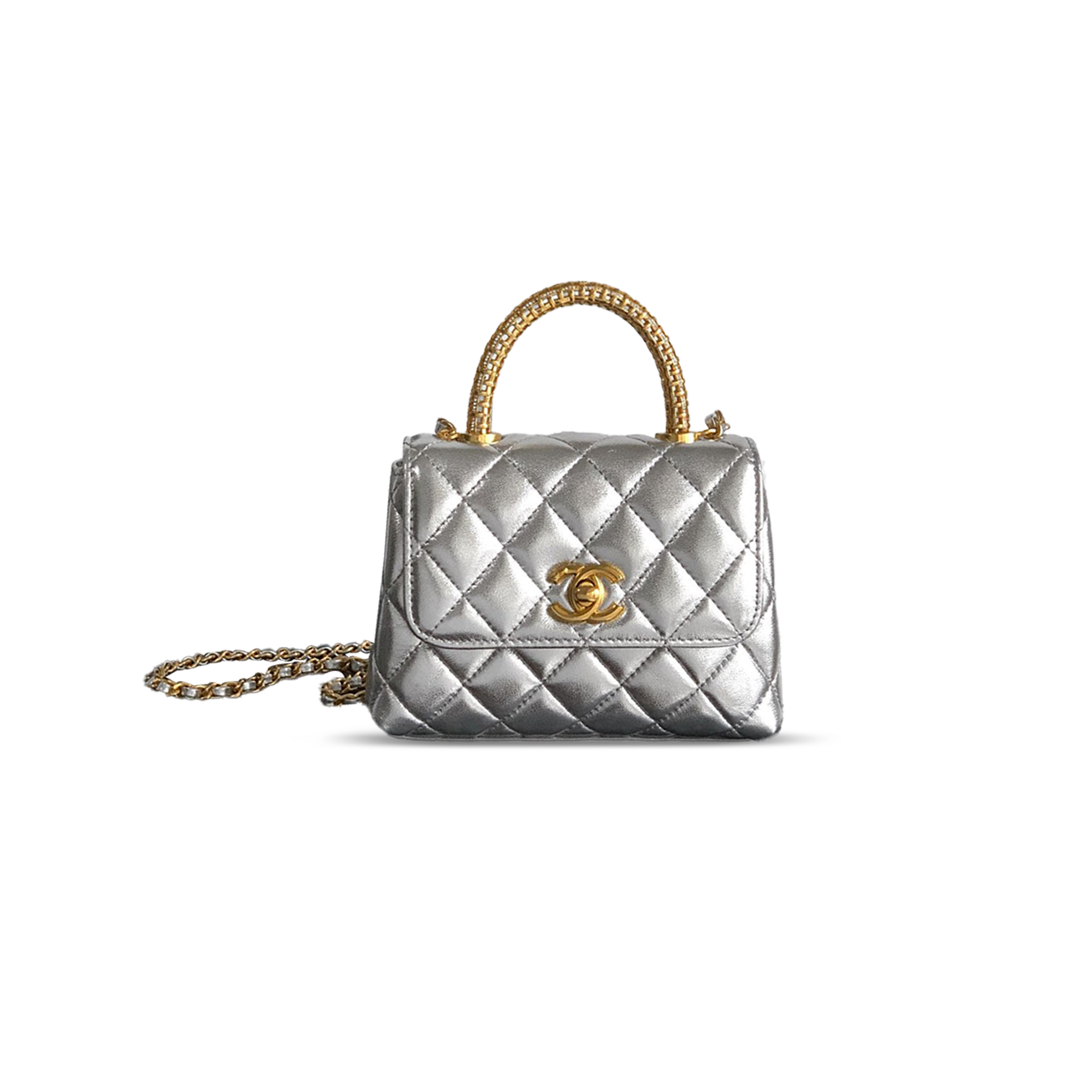 Ch*el 25a calfskin quilted top handle flap bag 103721 (14*11.5*5.5cm)